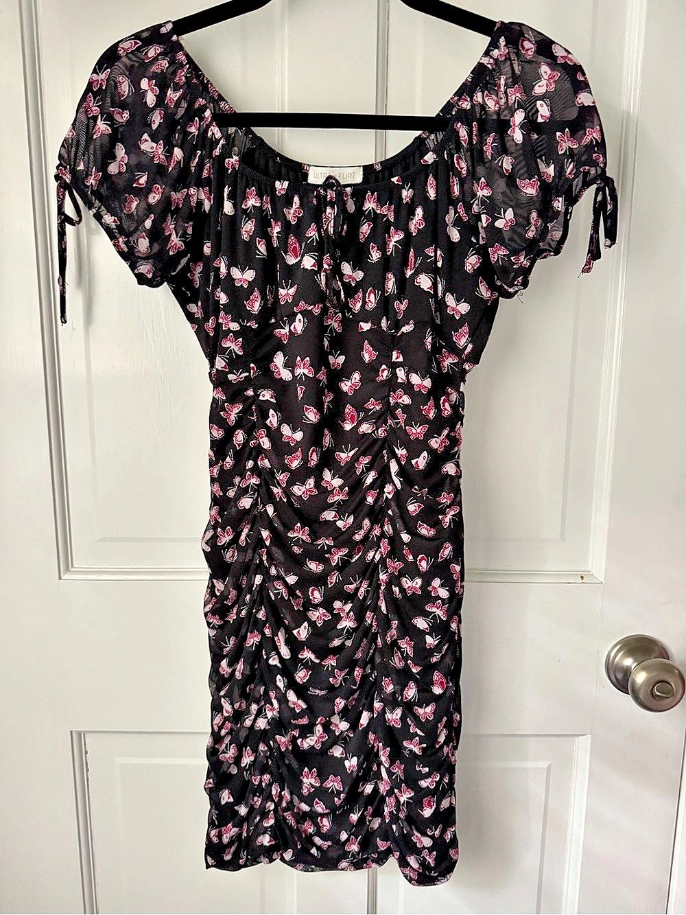 Ultra Flirt Butterfly Ruched Mesh Bodycon Mini Dress Black & Pink